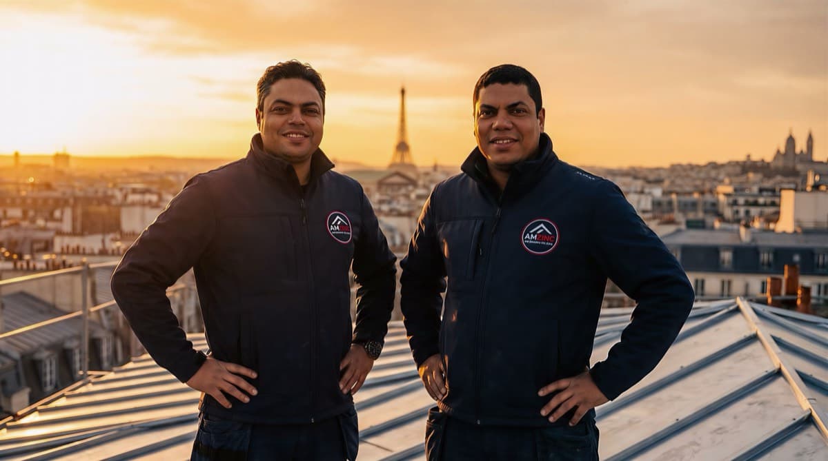 Ahmed et Mahmoud, fondateurs d'AM ZINC, sur un toit en zinc avec la Tour Eiffel en arrière-plan